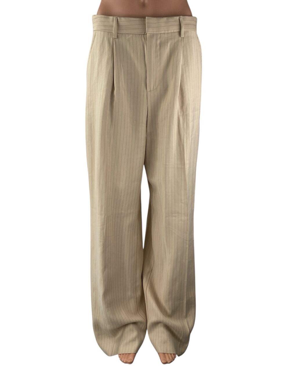Mango MNG Women's Beige Striped Pleated High Rise Wide Leg Trouser Dress Pants 6